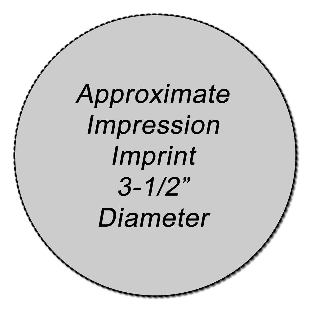 Custom Rubber Stamp Size 3-1/2 Inch Diameter with black text on a gray circular imprint area, showing approximate impression size.