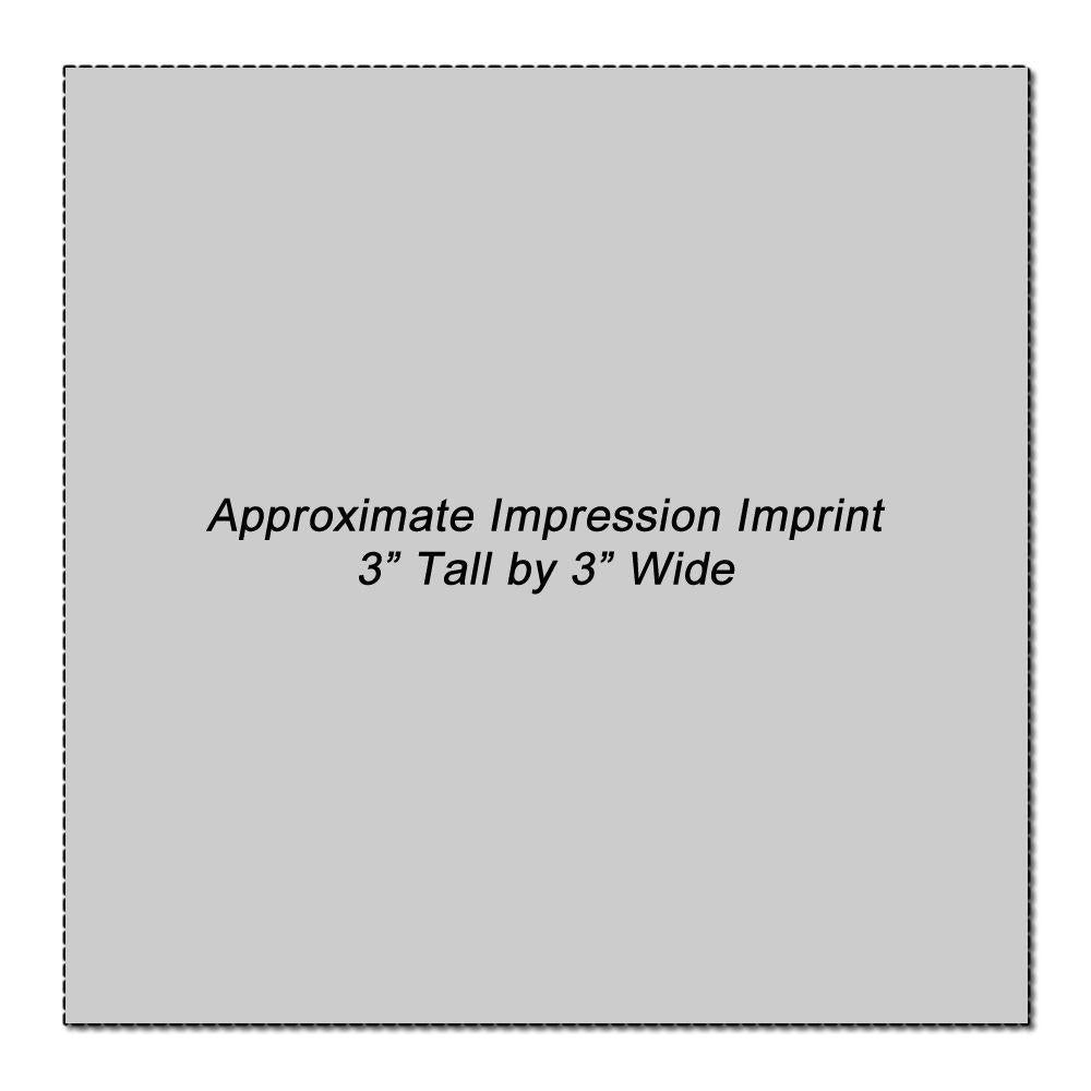 Custom Rubber Stamp Size 3 x 3 with an approximate impression imprint of 3 inches tall by 3 inches wide on a gray background.