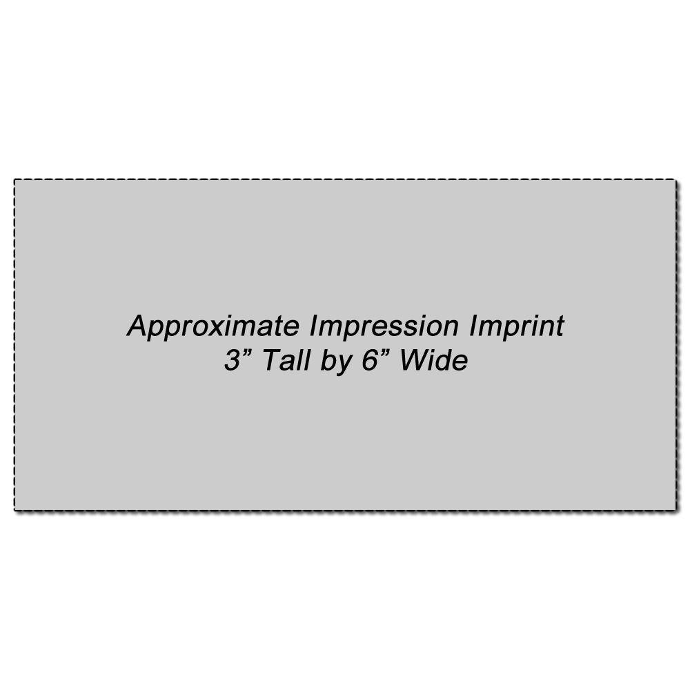 Custom Rubber Stamp Size 3 x 6 with an approximate impression imprint of 3 inches tall by 6 inches wide shown on a gray background.