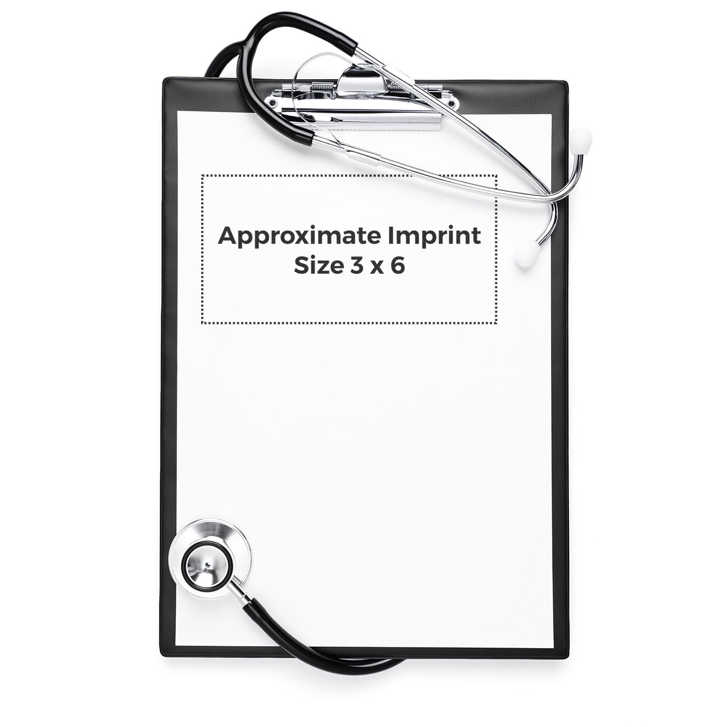 Clipboard with stethoscope and text Approximate Imprint Size 3 x 6 showcasing Custom Rubber Stamp Size 3 x 6 dimensions.