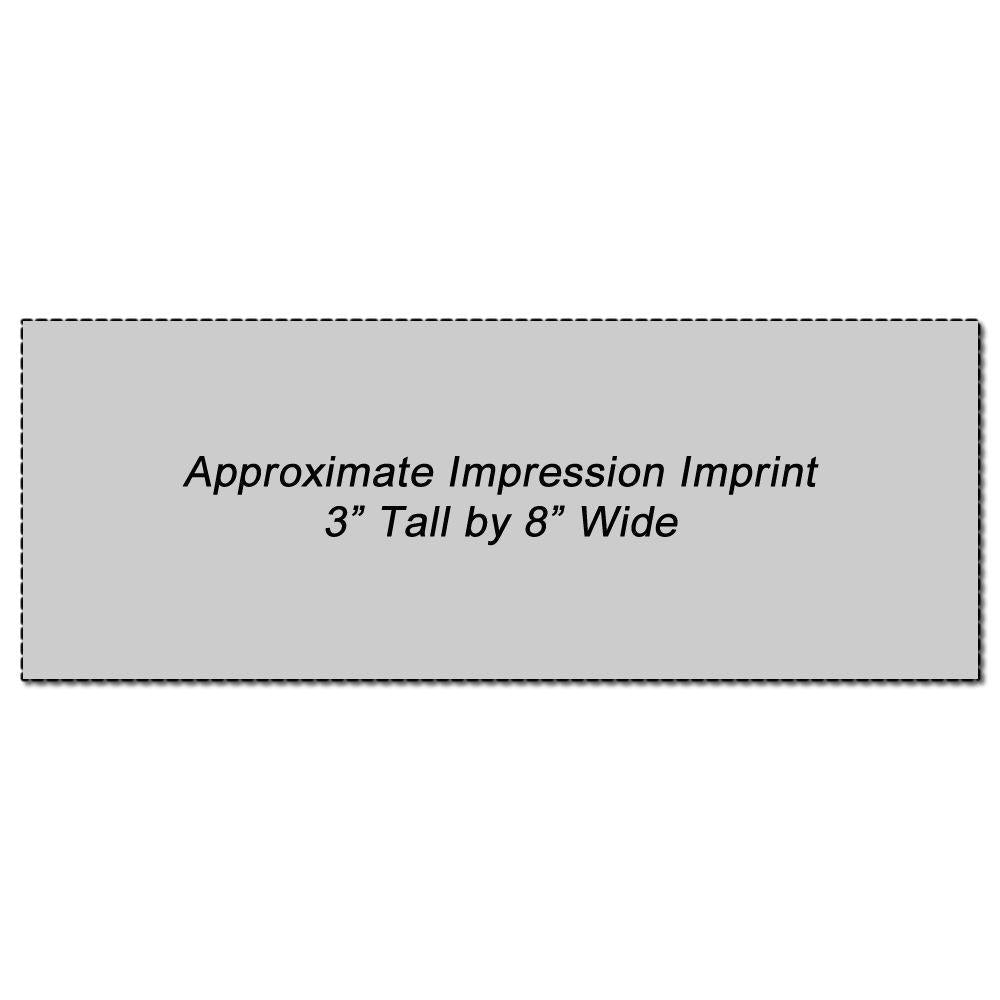 Custom Rubber Stamp Size 3 x 8 with an approximate impression imprint of 3 inches tall by 8 inches wide on a grey background.