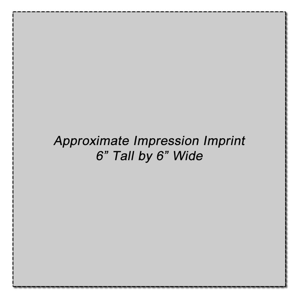 Custom Rubber Stamp Size 6 x 6 showing an approximate impression imprint of 6 inches tall by 6 inches wide on a gray background.