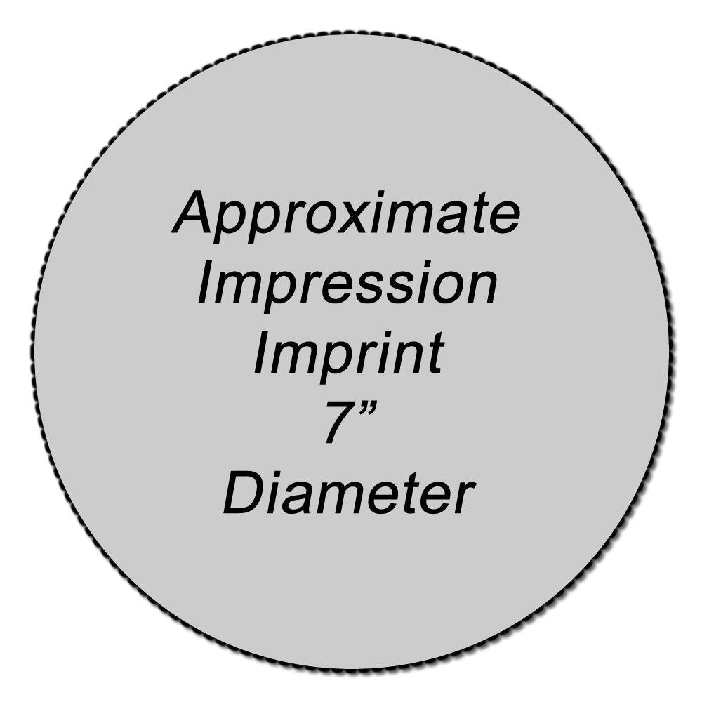 Custom Rubber Stamp Size 7 Inch Diameter with approximate impression imprint shown in black text on a gray circular background.