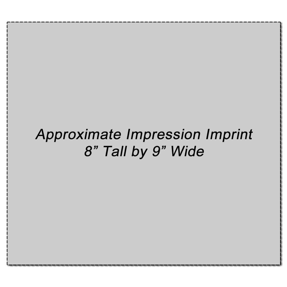 Custom Rubber Stamp Size 8 x 9 with an approximate impression imprint of 8 inches tall by 9 inches wide, shown on a gray background.