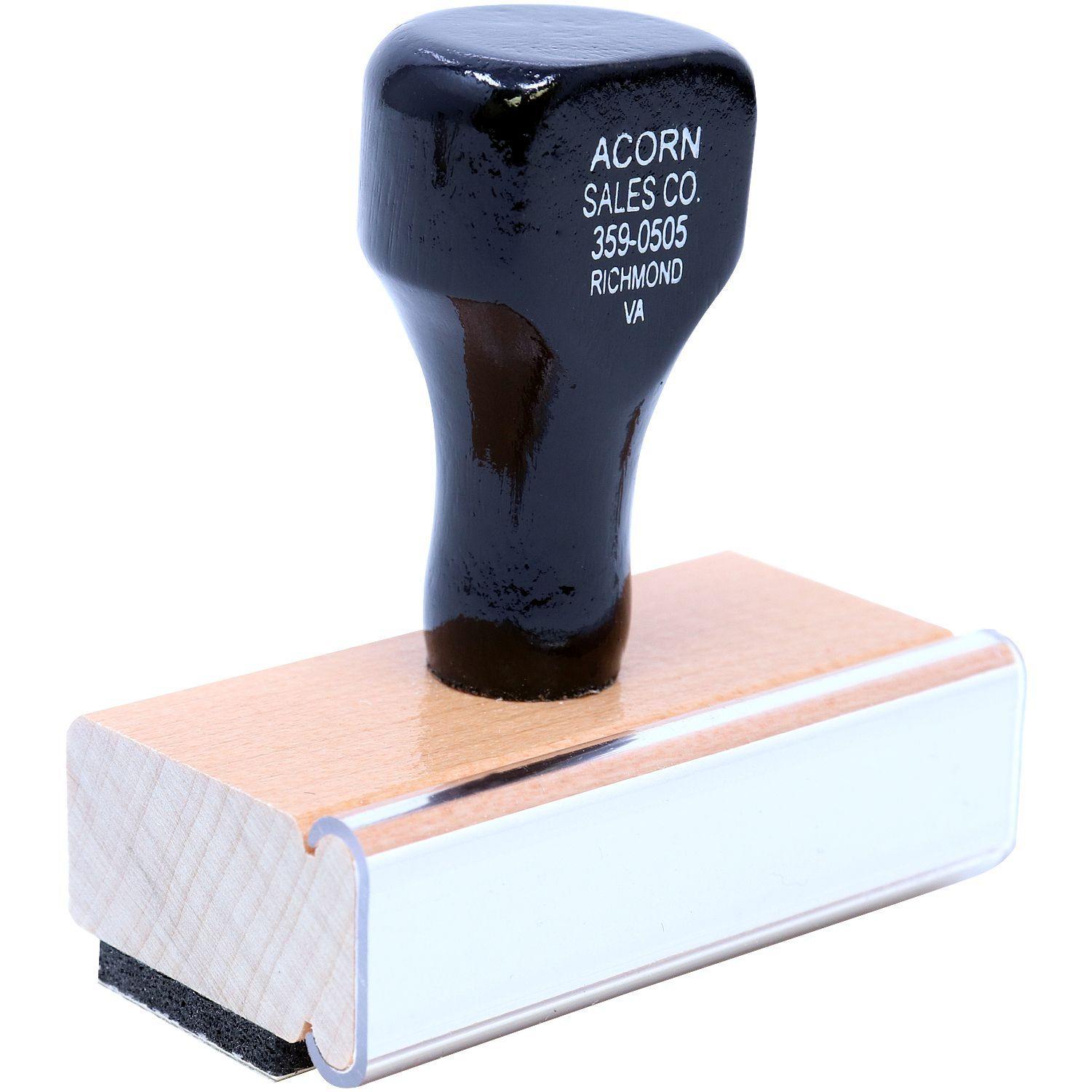 Secure Rubber Stamp with a black handle and wooden base, featuring the text ACORN SALES CO. and contact details on the handle.