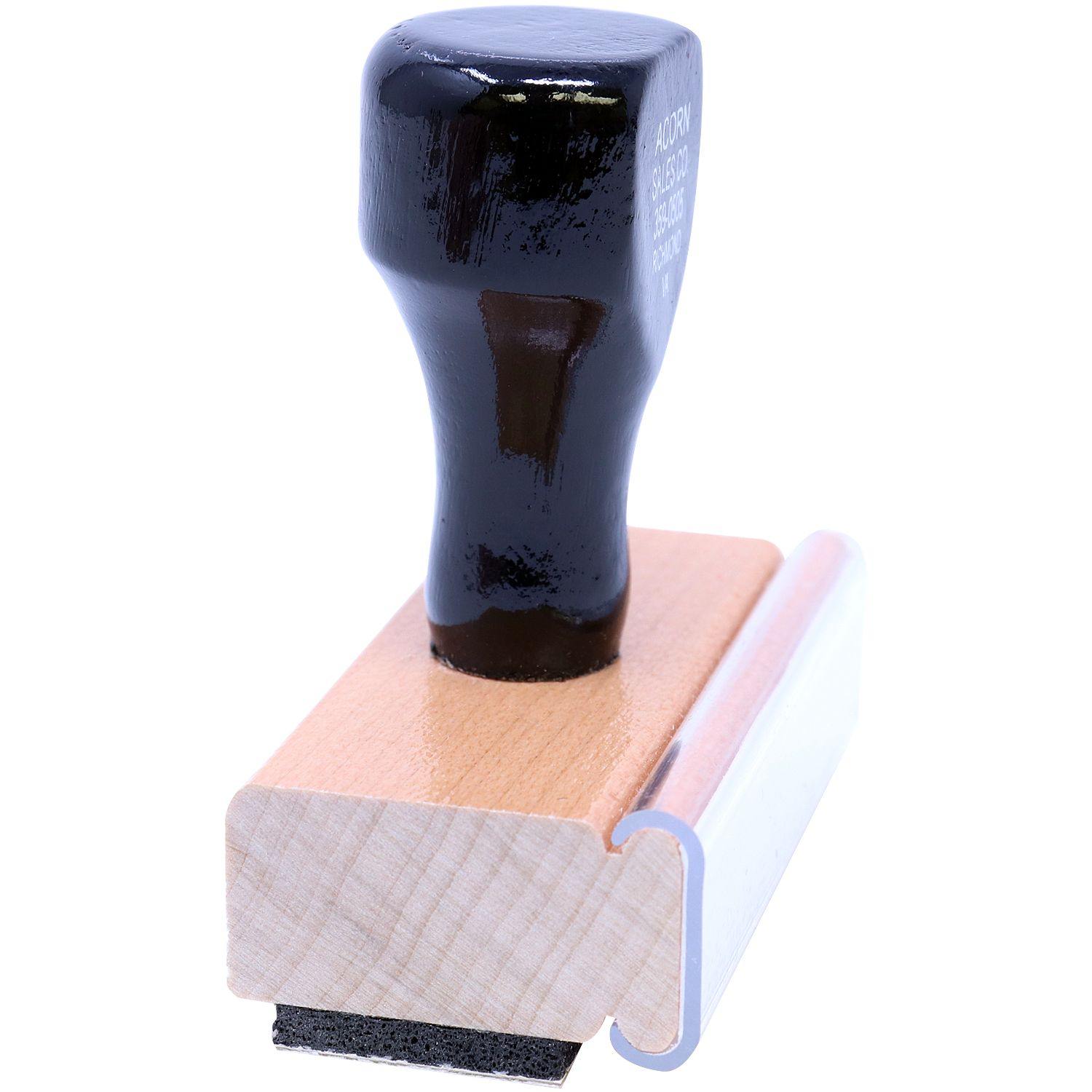 Teacher WOW Rubber Stamp with a wooden handle and black top, angled side view, showing the rubber stamp base and grip.