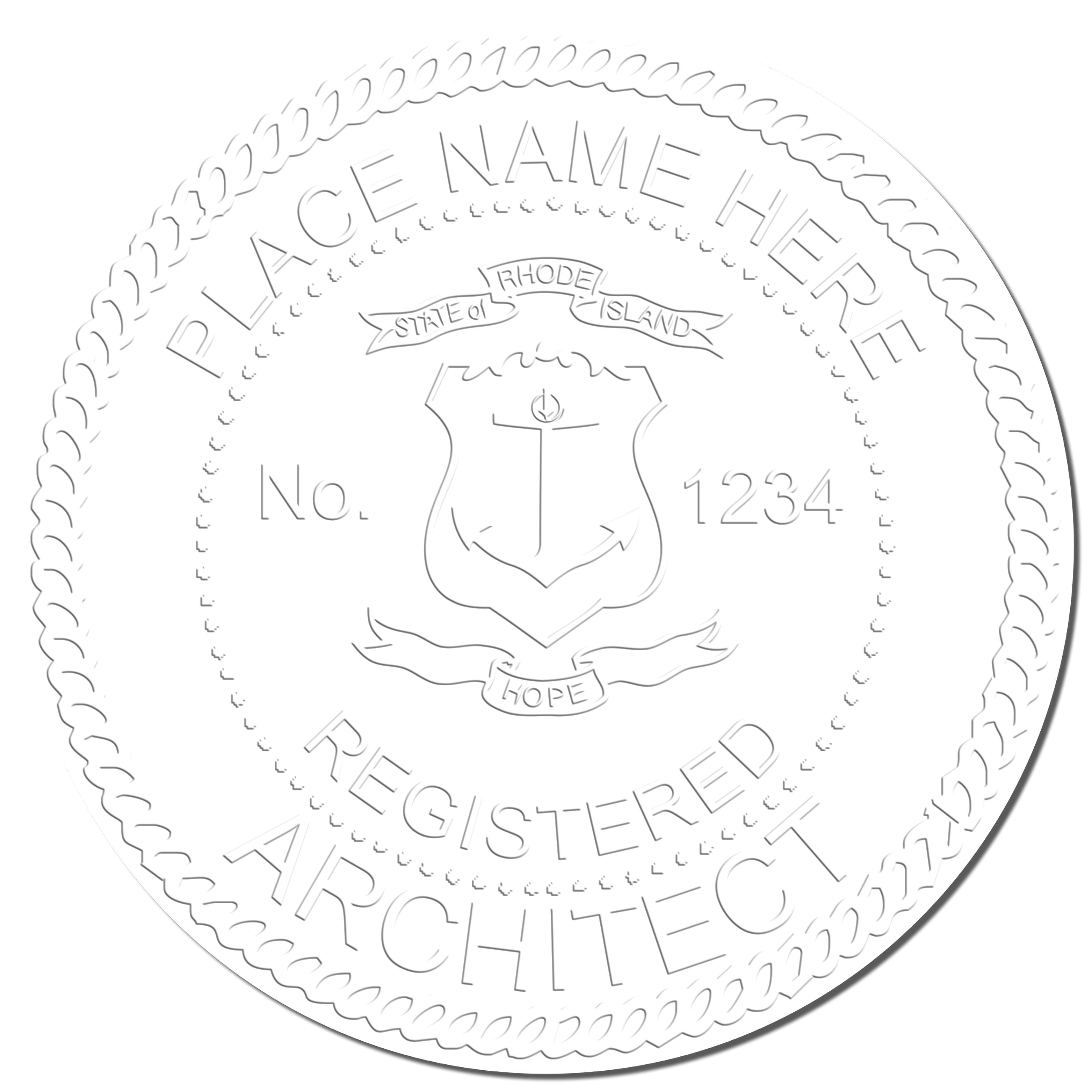 A stamped impression of the State of Rhode Island Long Reach Architectural Embossing Seal in this stylish lifestyle photo, setting the tone for a unique and personalized product.