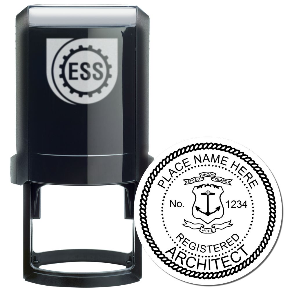 Self Inking Rhode Island Architect Stamp with a black casing and a sample imprint showing the state seal and registration details.