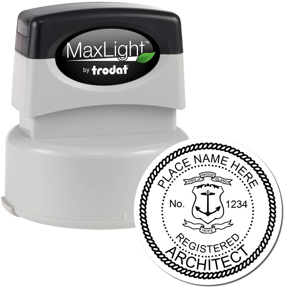 Premium MaxLight Pre-Inked Rhode Island Architectural Stamp with black handle and detailed circular design for registered architects.