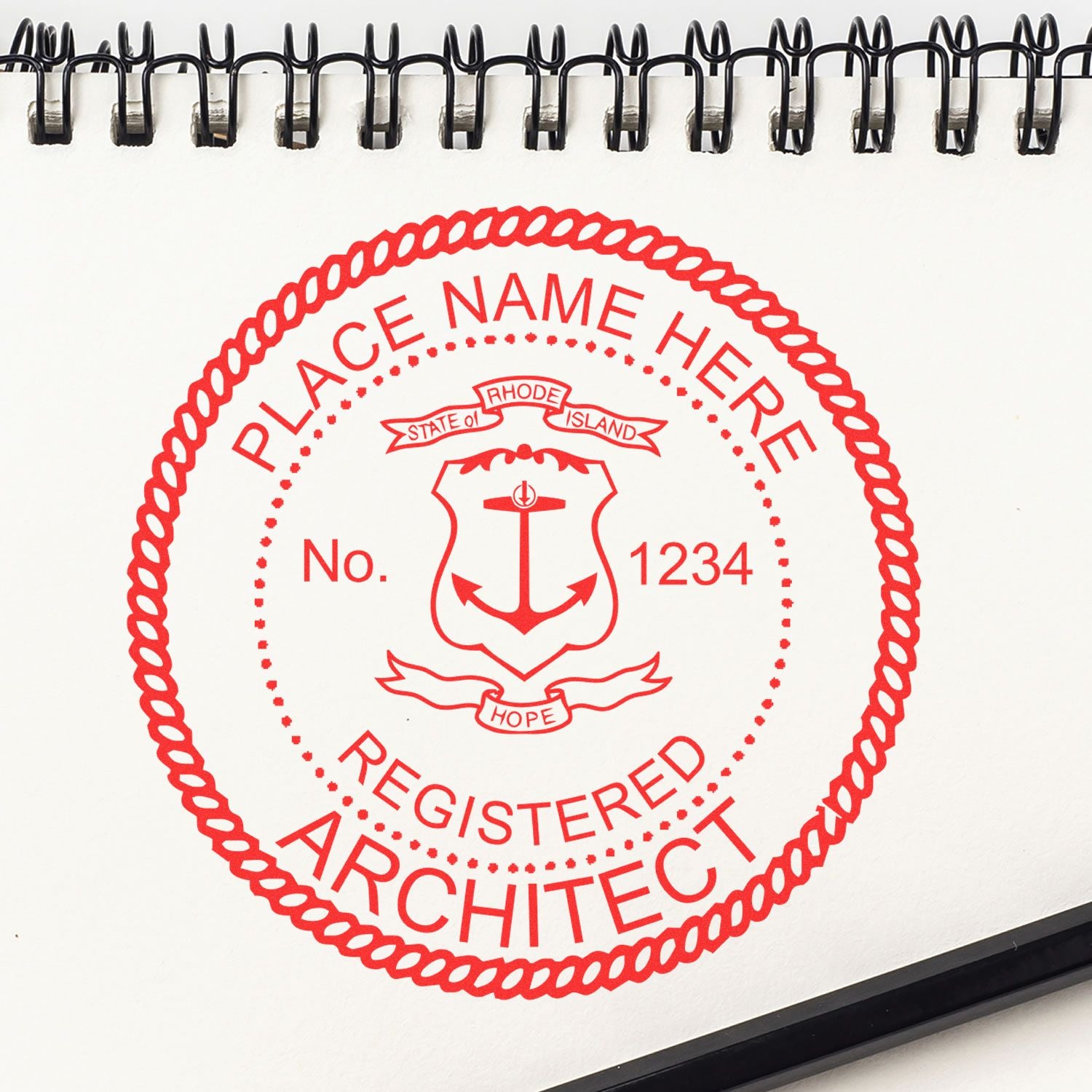 Digital Rhode Island Architect Stamp, Electronic Seal for Rhode Island Architect, displayed on a spiral-bound notebook.