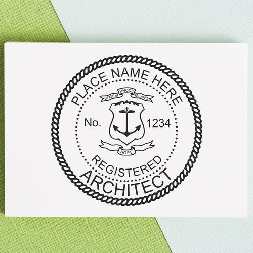 Self Inking Rhode Island Architect Stamp with customizable text, featuring a circular design with an anchor and the state seal.