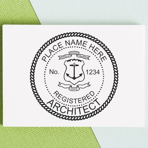 The main image for the Slim Pre-Inked Rhode Island Architect Seal Stamp depicting a sample of the imprint and electronic files