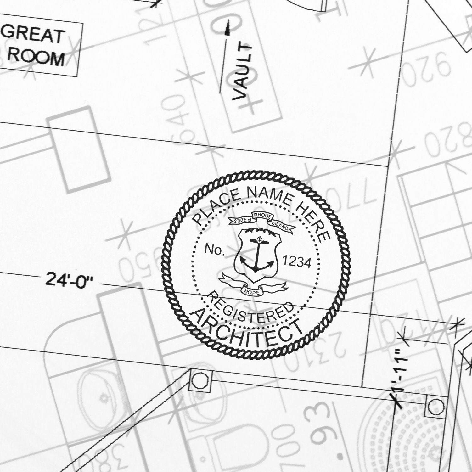 Rhode Island Architect Seal Stamp on architectural blueprint with detailed measurements and room labels in the background.