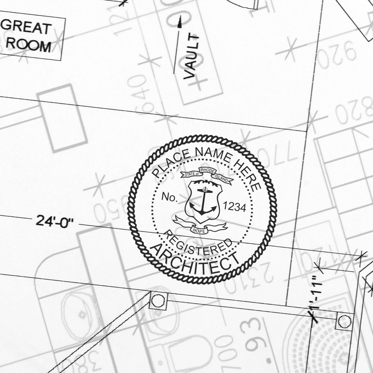 A stamped impression of the Slim Pre-Inked Rhode Island Architect Seal Stamp in this stylish lifestyle photo, setting the tone for a unique and personalized product.
