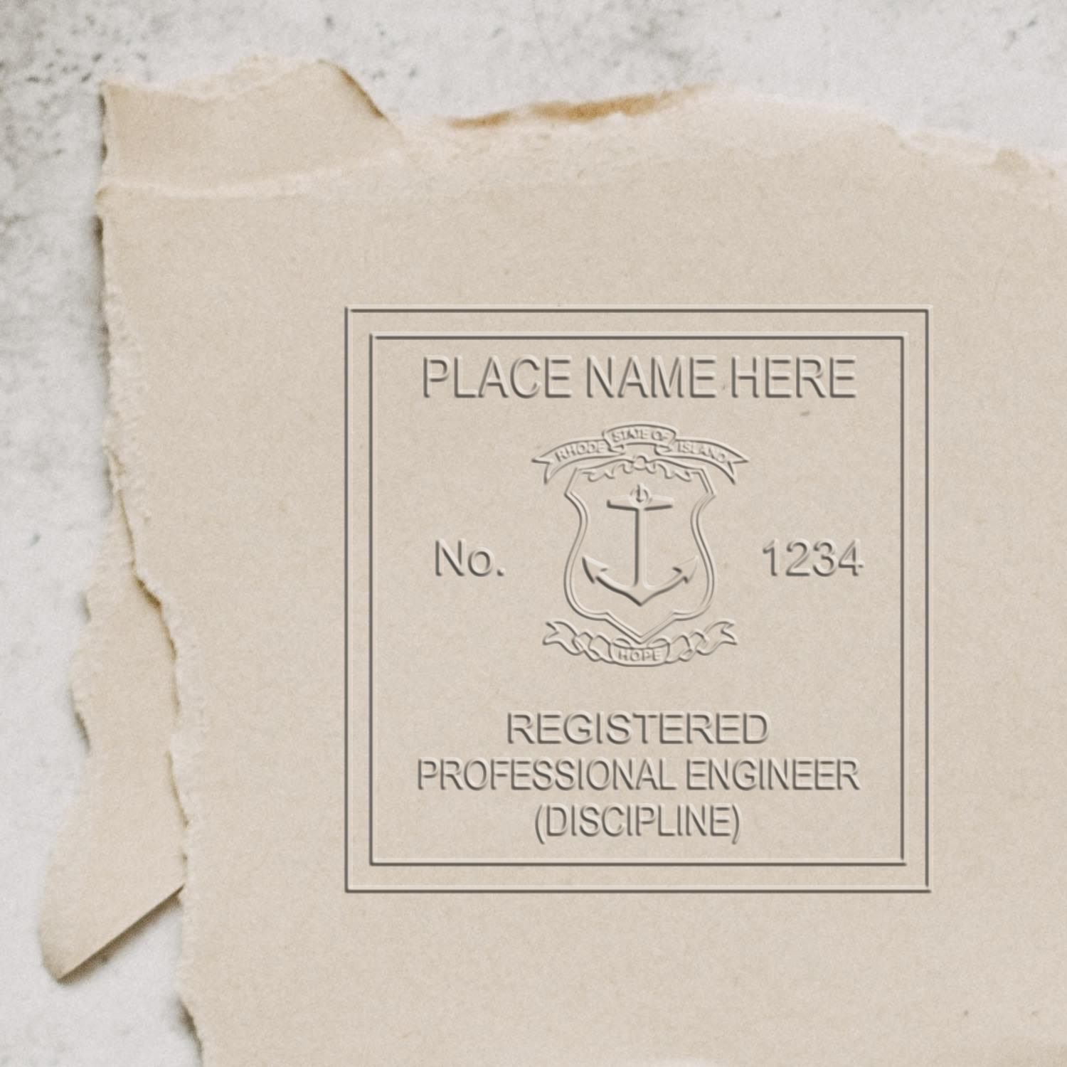 A photograph of the Soft Rhode Island Professional Engineer Seal stamp impression reveals a vivid, professional image of the on paper.