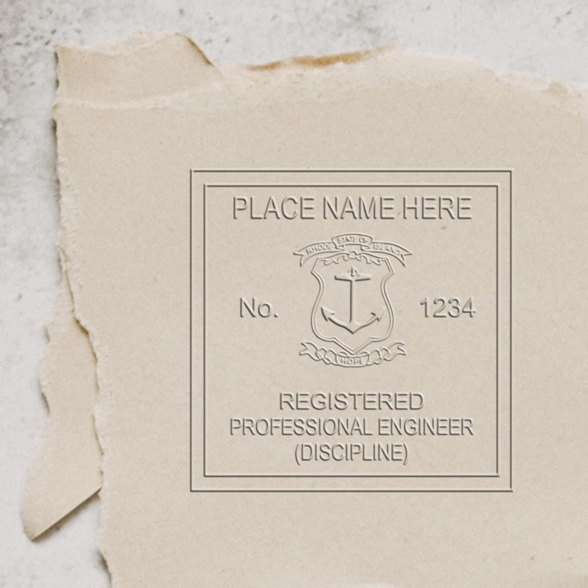 A photograph of the Soft Rhode Island Professional Engineer Seal stamp impression reveals a vivid, professional image of the on paper.