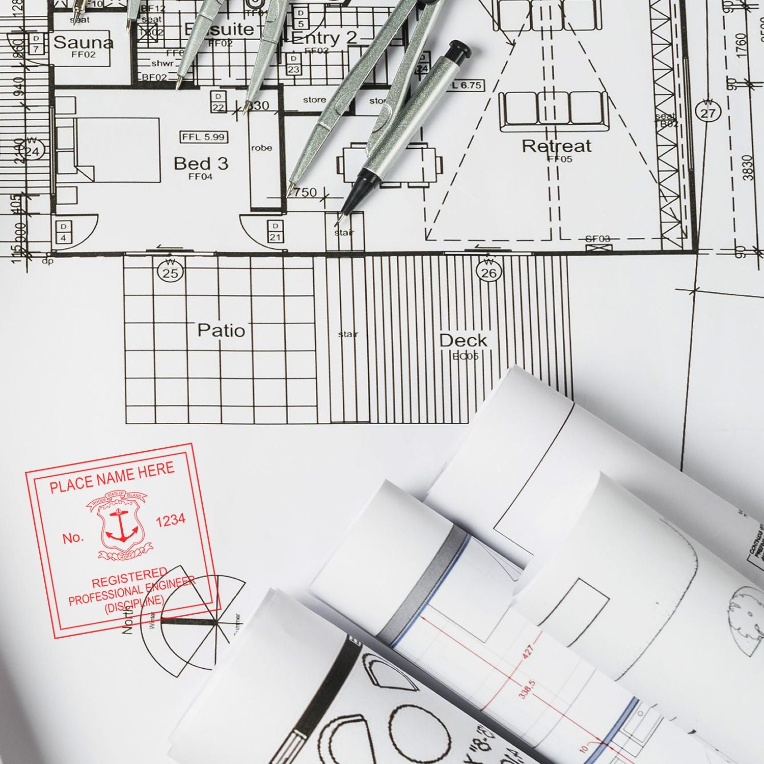 The Premium MaxLight Pre-Inked Rhode Island Engineering Stamp stamp impression comes to life with a crisp, detailed photo on paper - showcasing true professional quality.