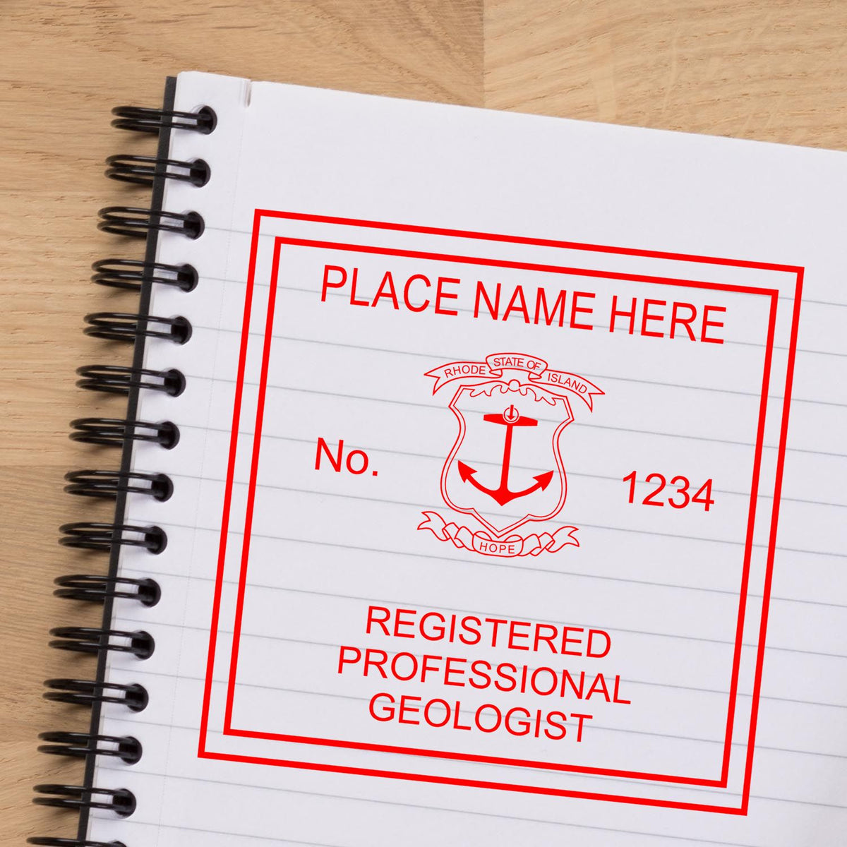 A lifestyle photo showing a stamped image of the Rhode Island Professional Geologist Seal Stamp on a piece of paper