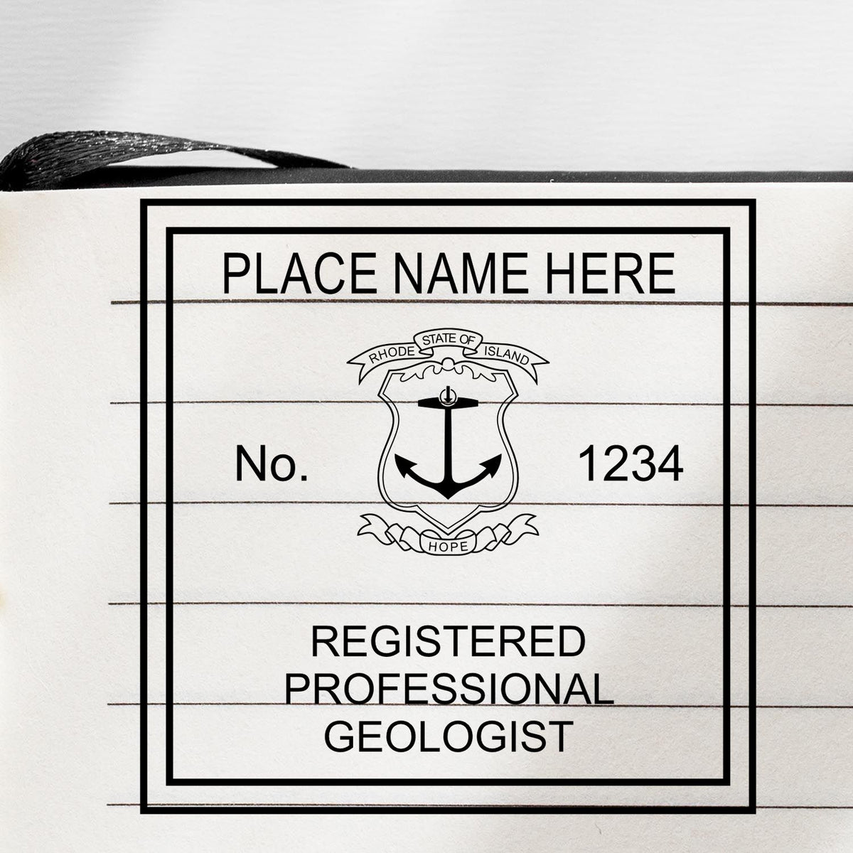 The Rhode Island Professional Geologist Seal Stamp stamp impression comes to life with a crisp, detailed image stamped on paper - showcasing true professional quality.