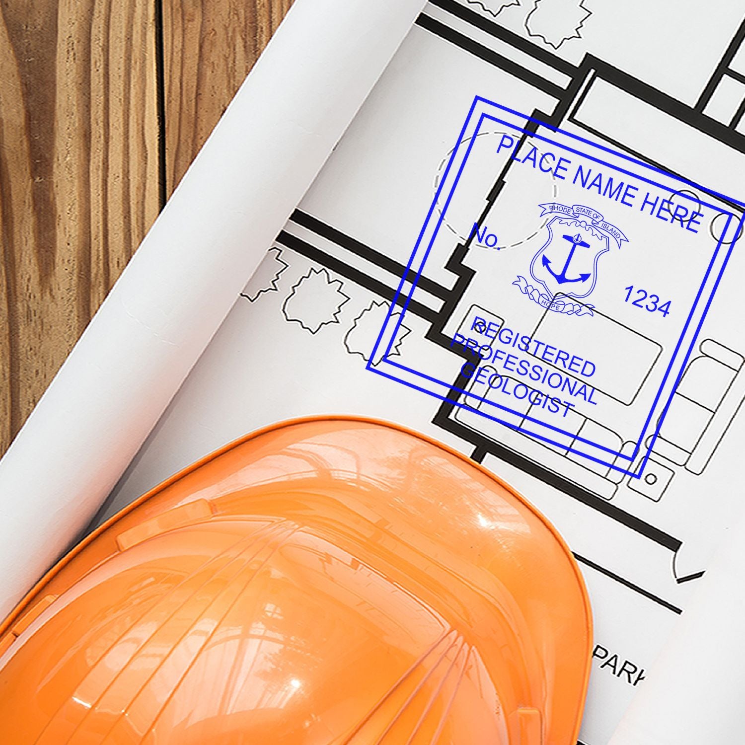 An alternative view of the Rhode Island Professional Geologist Seal Stamp stamped on a sheet of paper showing the image in use