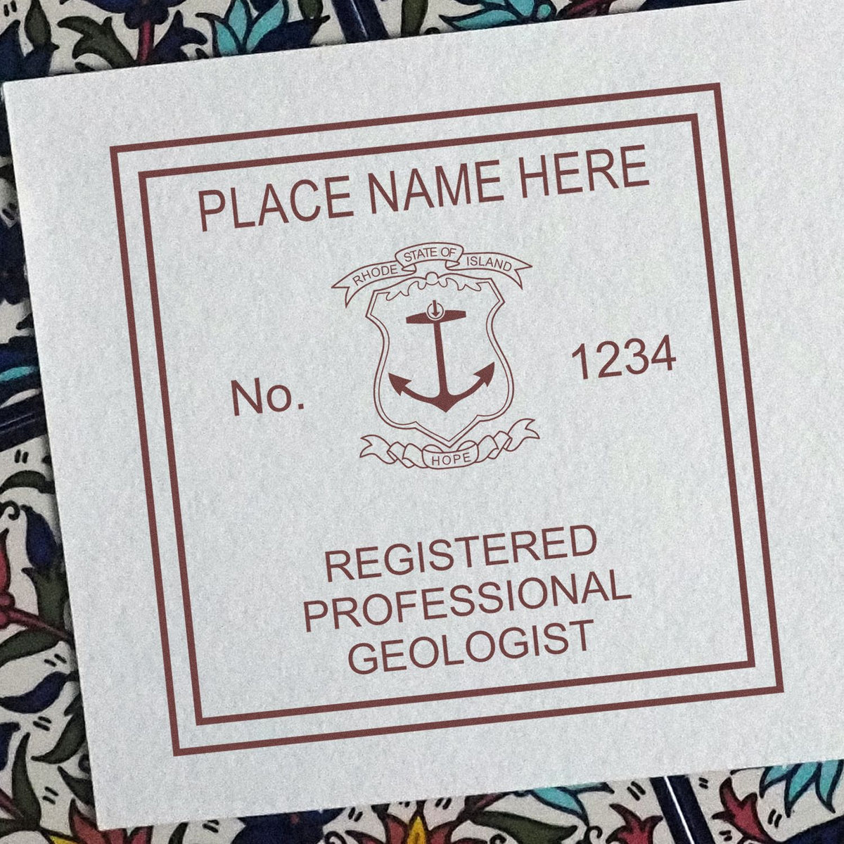 A photograph of the Premium MaxLight Pre-Inked Rhode Island Geology Stamp stamp impression reveals a vivid, professional image of the on paper.