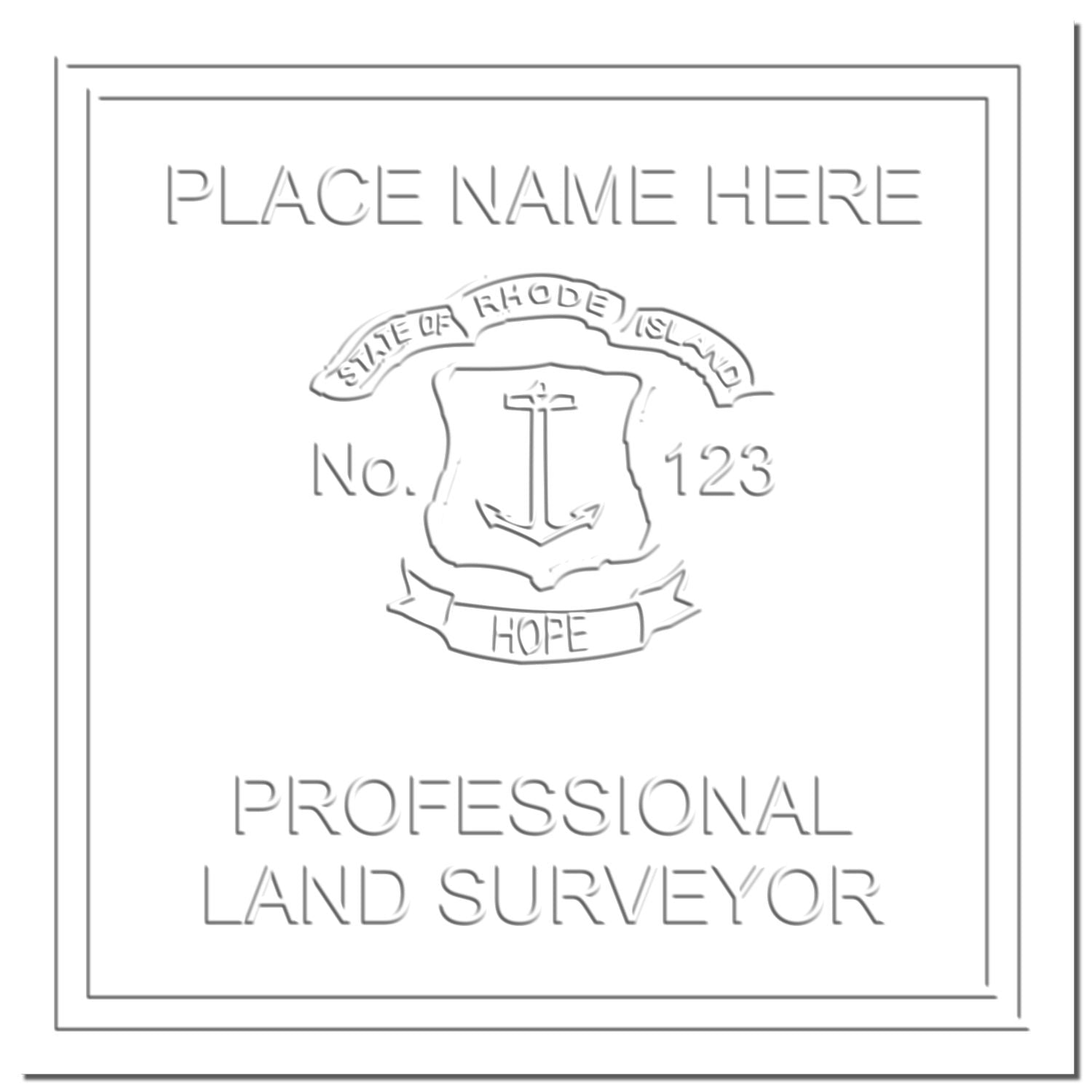 This paper is stamped with a sample imprint of the Handheld Rhode Island Land Surveyor Seal, signifying its quality and reliability.