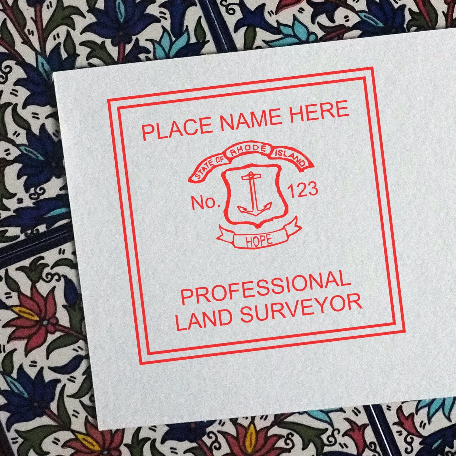 Premium MaxLight Pre-Inked Rhode Island Surveyors Stamp in red ink on a white paper, displaying State of Rhode Island and Professional Land Surveyor .