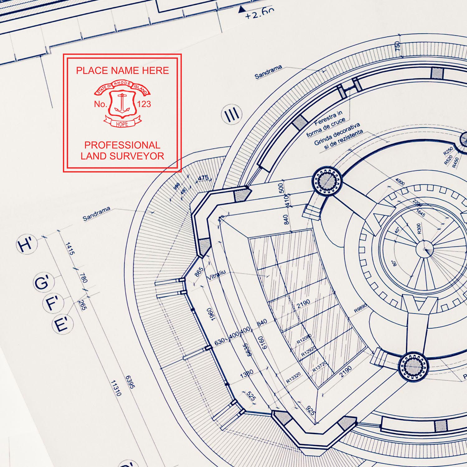 Blueprint with a Digital Rhode Island Land Surveyor Stamp, Electronic Seal for Rhode Island Land Surveyor, placed on the top left corner.