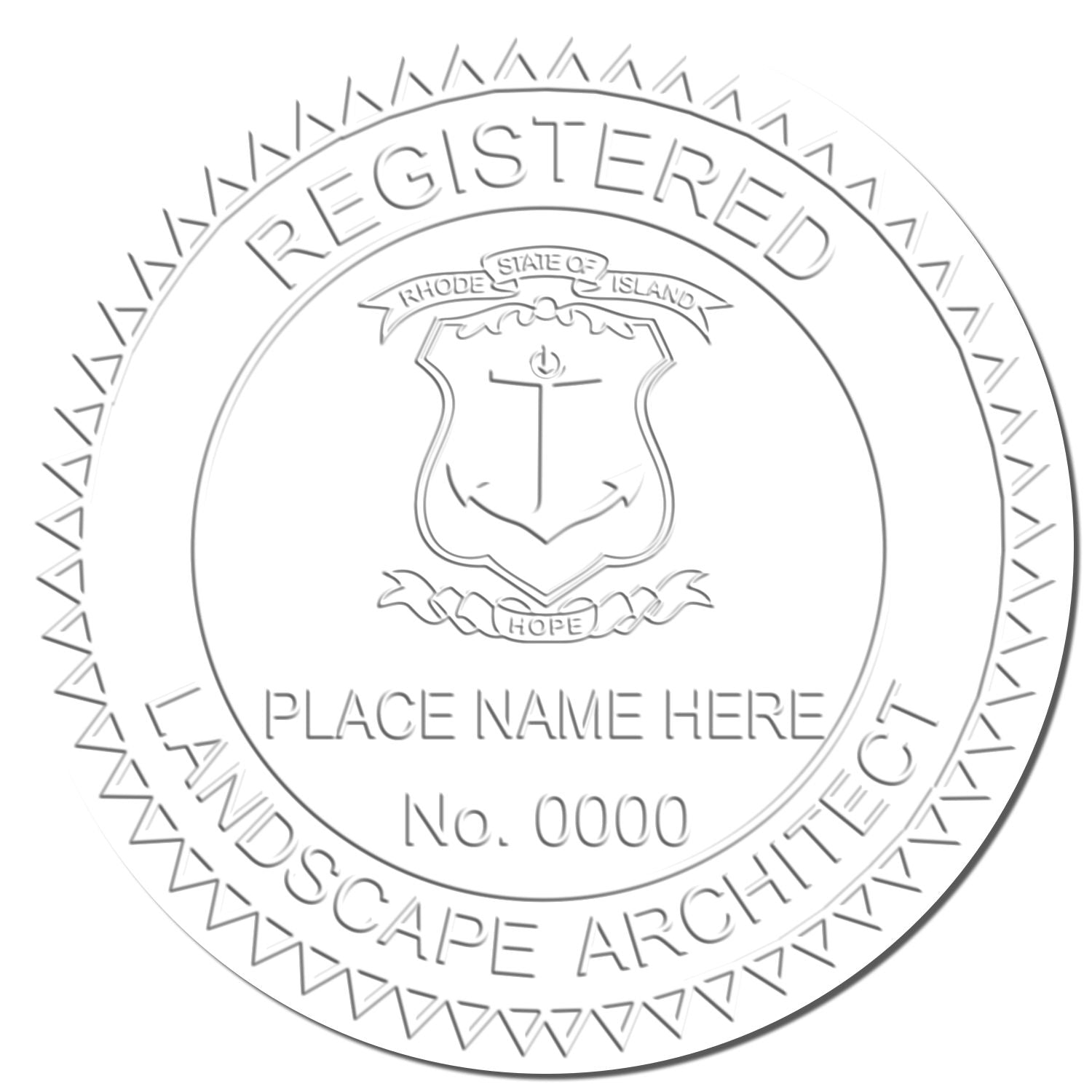 This paper is stamped with a sample imprint of the Rhode Island Long Reach Landscape Architect Embossing Stamp, signifying its quality and reliability.