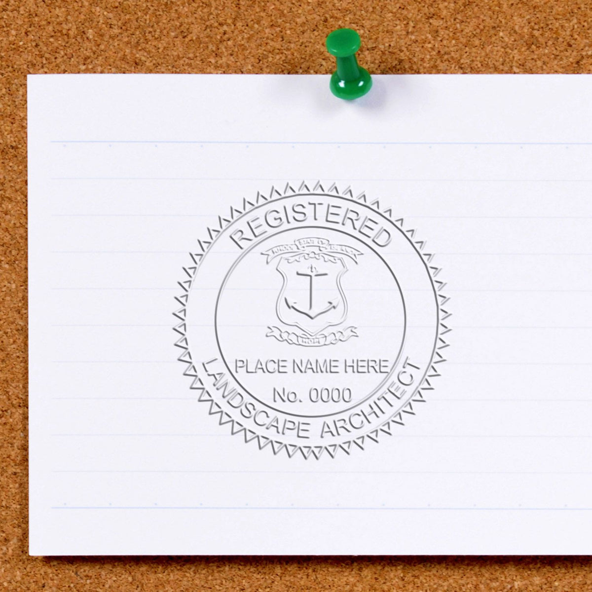 An alternative view of the Gift Rhode Island Landscape Architect Seal stamped on a sheet of paper showing the image in use