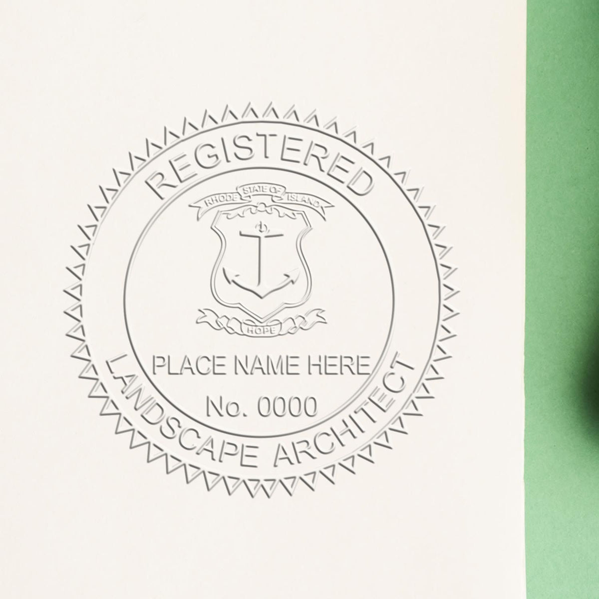 The Soft Pocket Rhode Island Landscape Architect Embosser stamp impression comes to life with a crisp, detailed photo on paper - showcasing true professional quality.