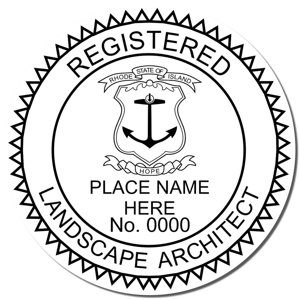 A lifestyle photo showing a stamped image of the Slim Pre-Inked Rhode Island Landscape Architect Seal Stamp on a piece of paper
