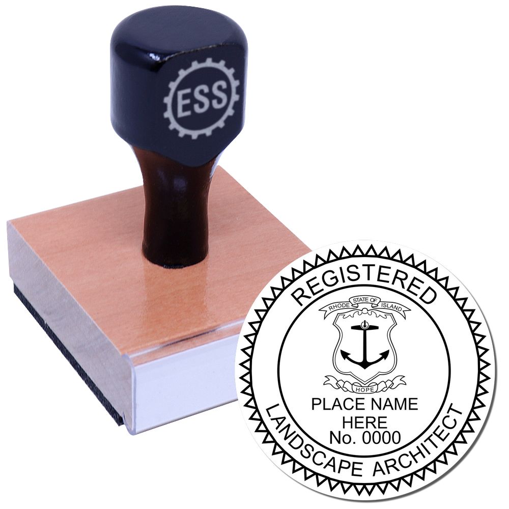 The main image for the Rhode Island Landscape Architectural Seal Stamp depicting a sample of the imprint and electronic files