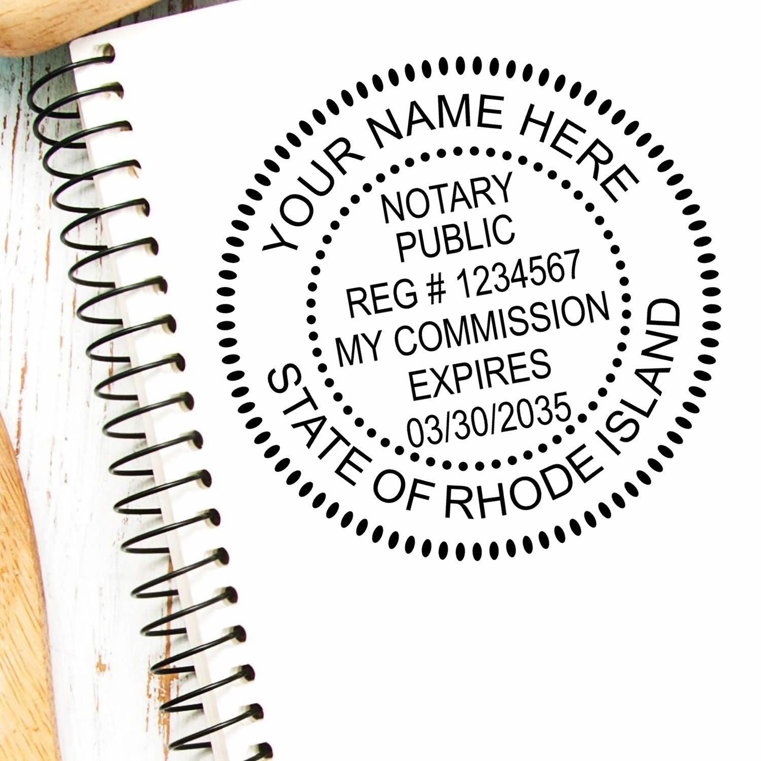 A lifestyle photo showing a stamped image of the Round Rhode Island Notary Public Seal Stamp on a piece of paper