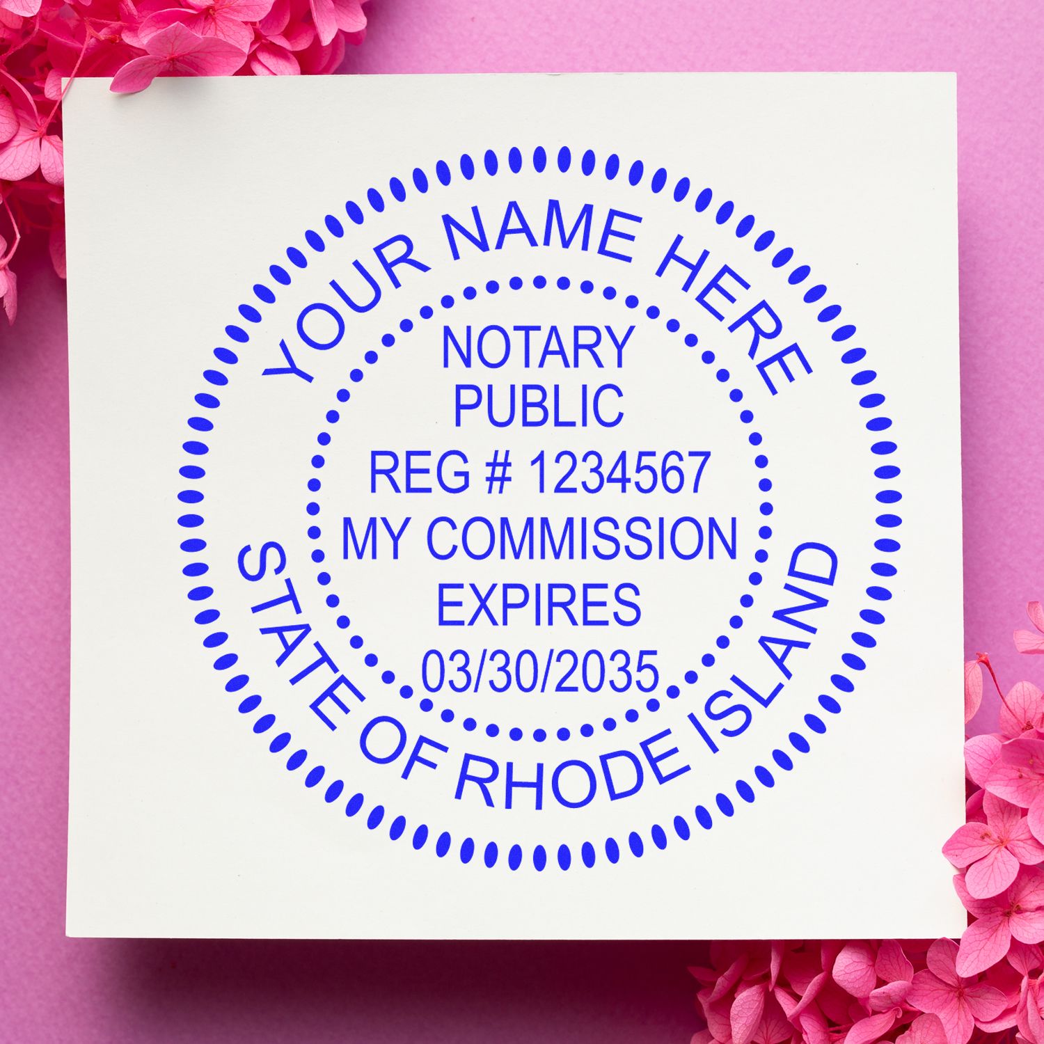 This paper is stamped with a sample imprint of the Round Rhode Island Notary Public Seal Stamp, signifying its quality and reliability.