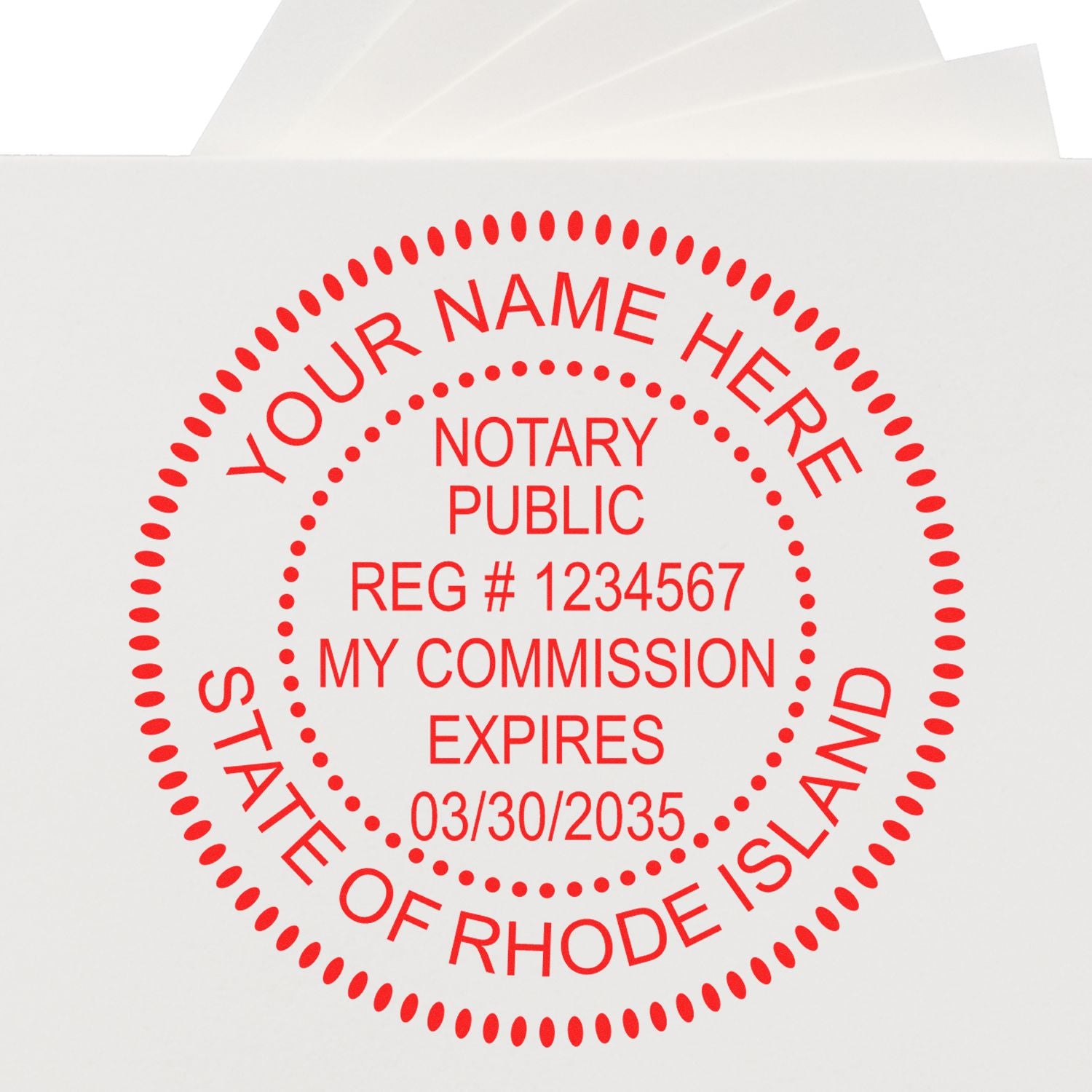 Heavy-Duty Round Rhode Island Notary Stamp in use photo showing a stamped imprint of the Heavy-Duty Round Rhode Island Notary Stamp