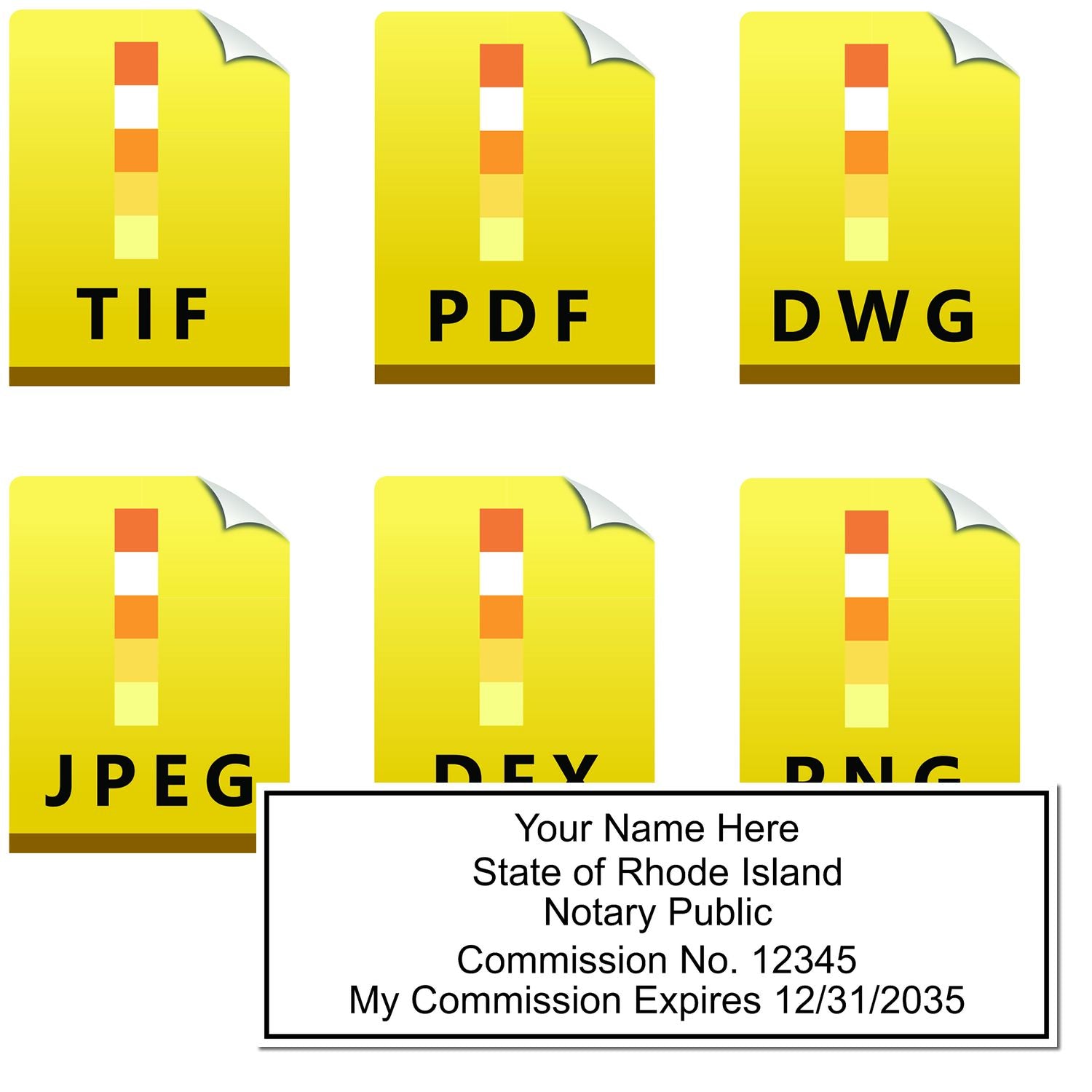 The main image for the Rhode Island Rectangular Digital Notary Seal depicting a sample of the imprint and electronic files