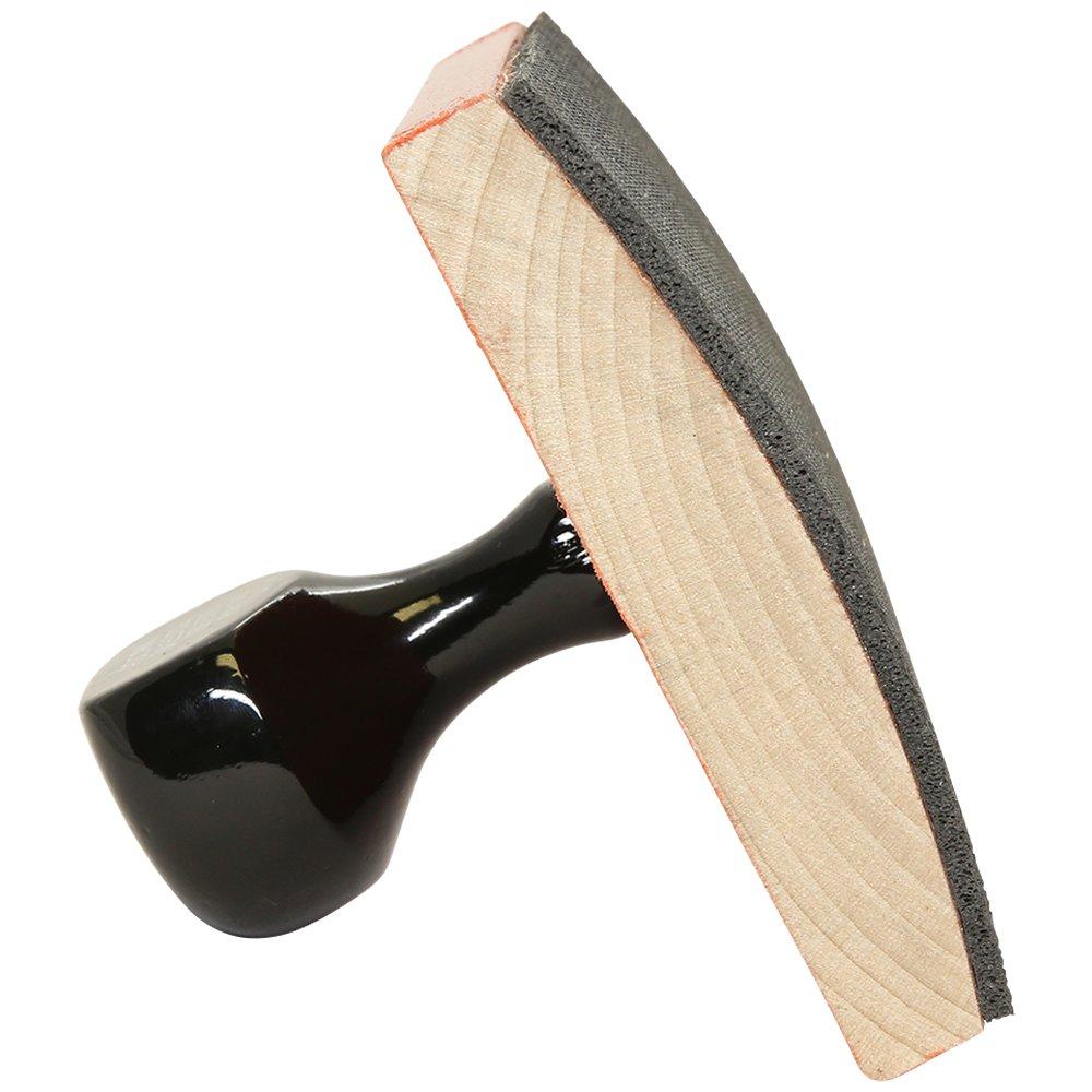 Custom Rubber Stamp Size 5 x 10 with a black handle and wooden base, shown from a side angle.