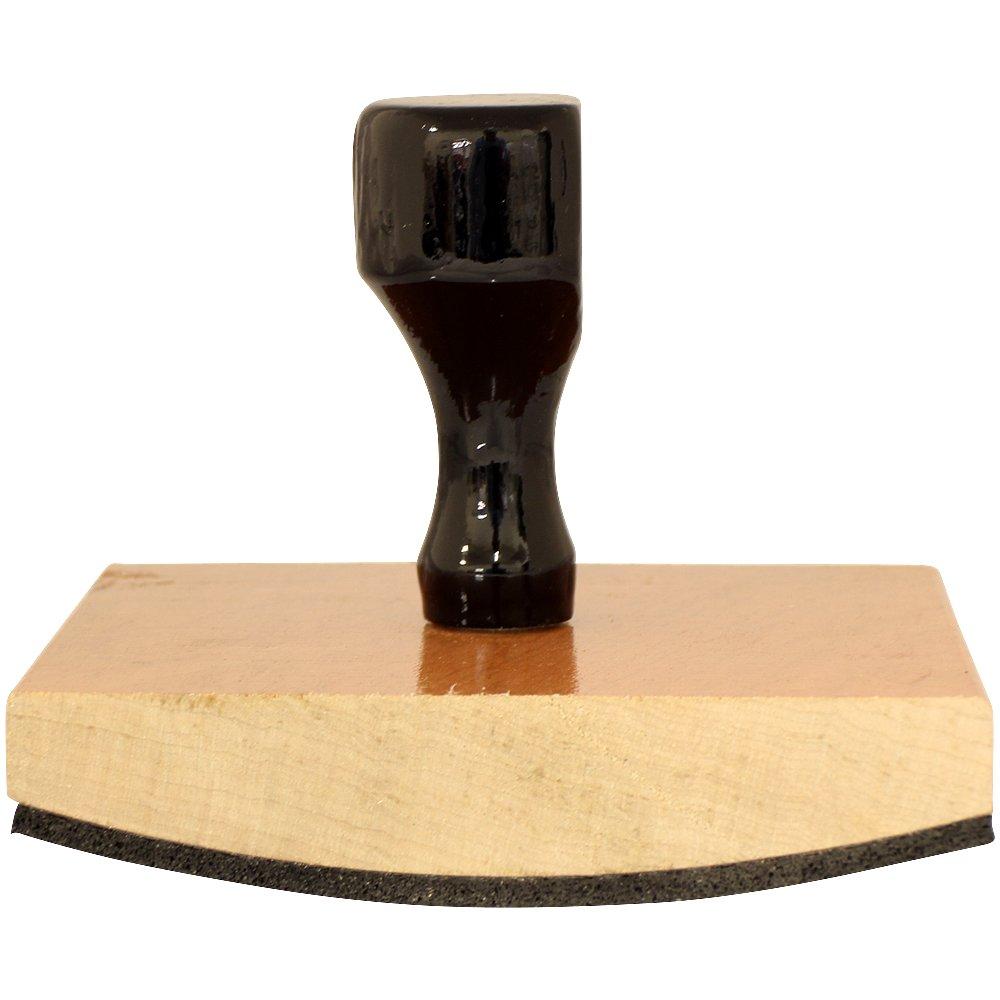 Custom Rubber Stamp Size 5 x 9 with a black handle and wooden base, shown from the side on a white background.