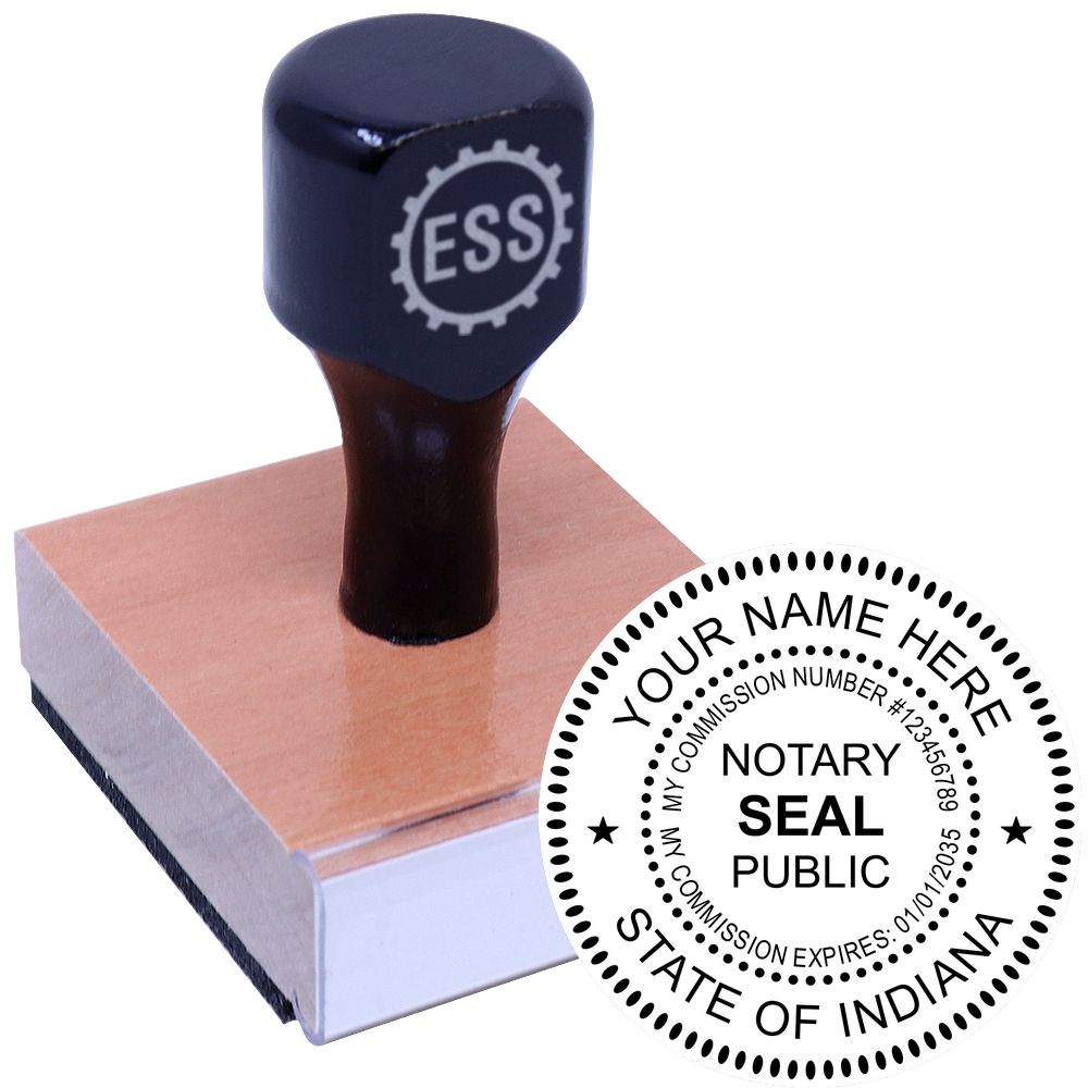 The main image for the Round Indiana Notary Public Seal Stamp depicting a sample of the imprint and electronic files