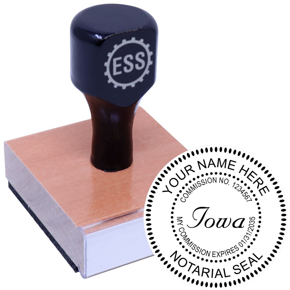 The main image for the Round Iowa Notary Public Seal Stamp depicting a sample of the imprint and electronic files