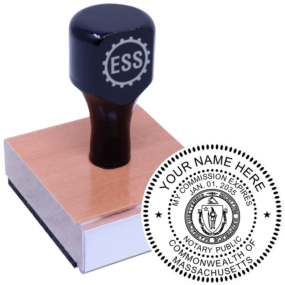 The main image for the Round Massachusetts Notary Public Seal Stamp depicting a sample of the imprint and electronic files