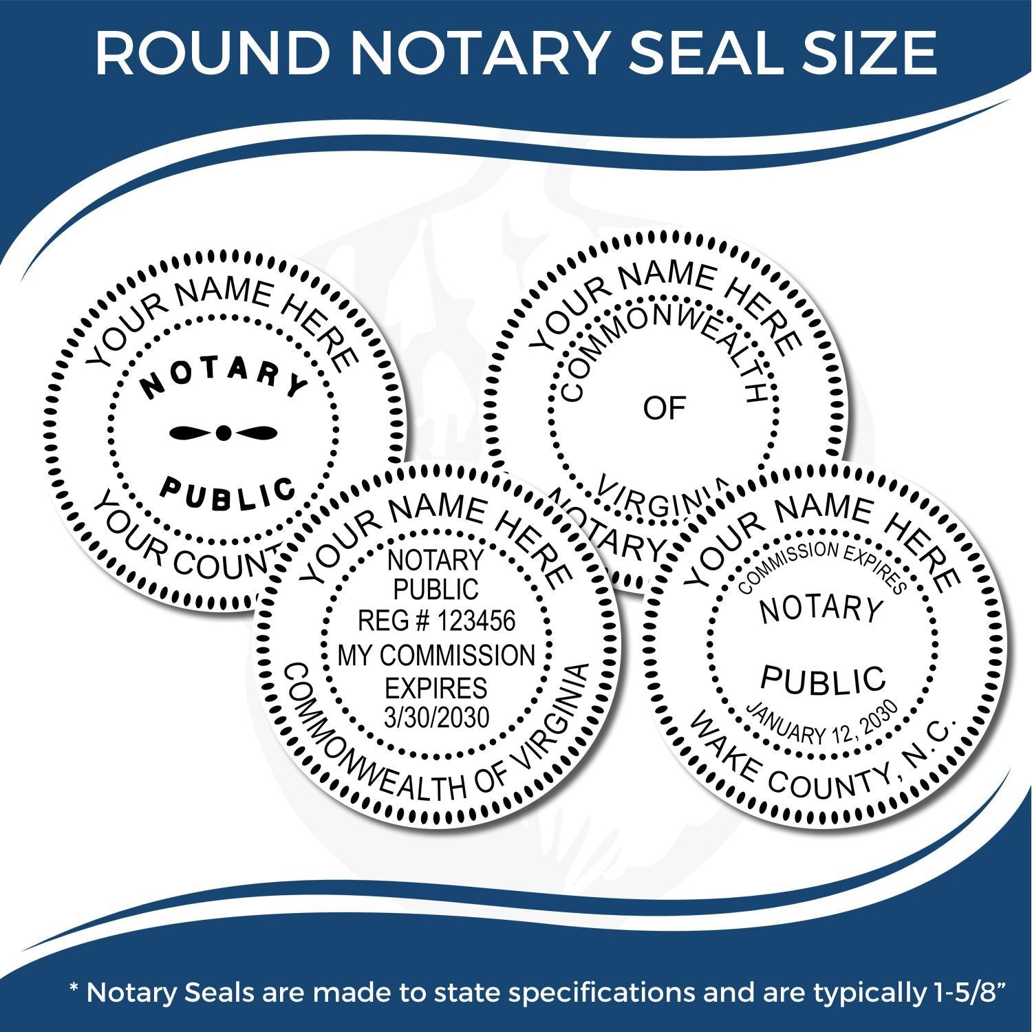 Image showing four variations of the Regular Rubber Stamp of Notary Public Seal with customizable text and state-specific designs.