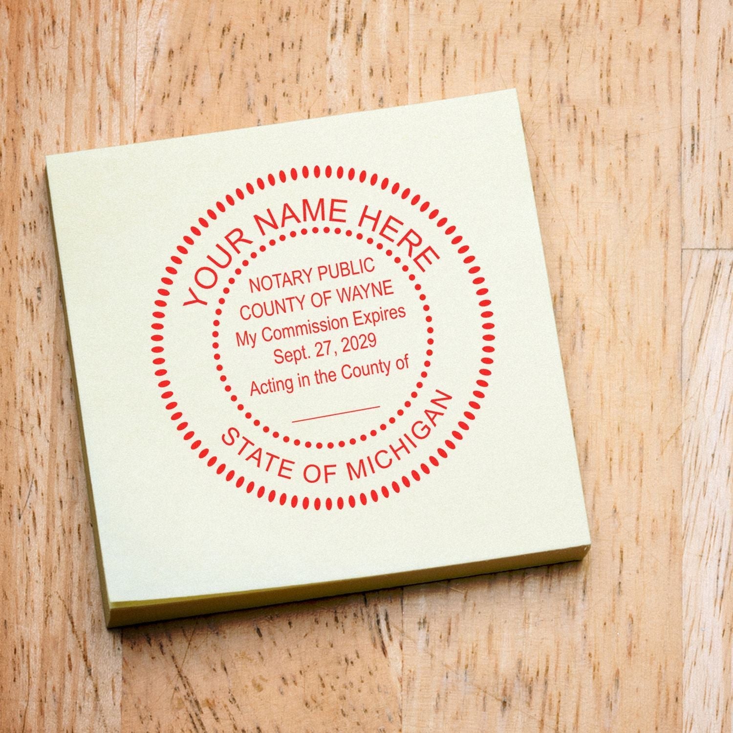 Regular Rubber Stamp of Notary Public Seal on a yellow paper, displaying customizable notary information including name, county, and commission details.