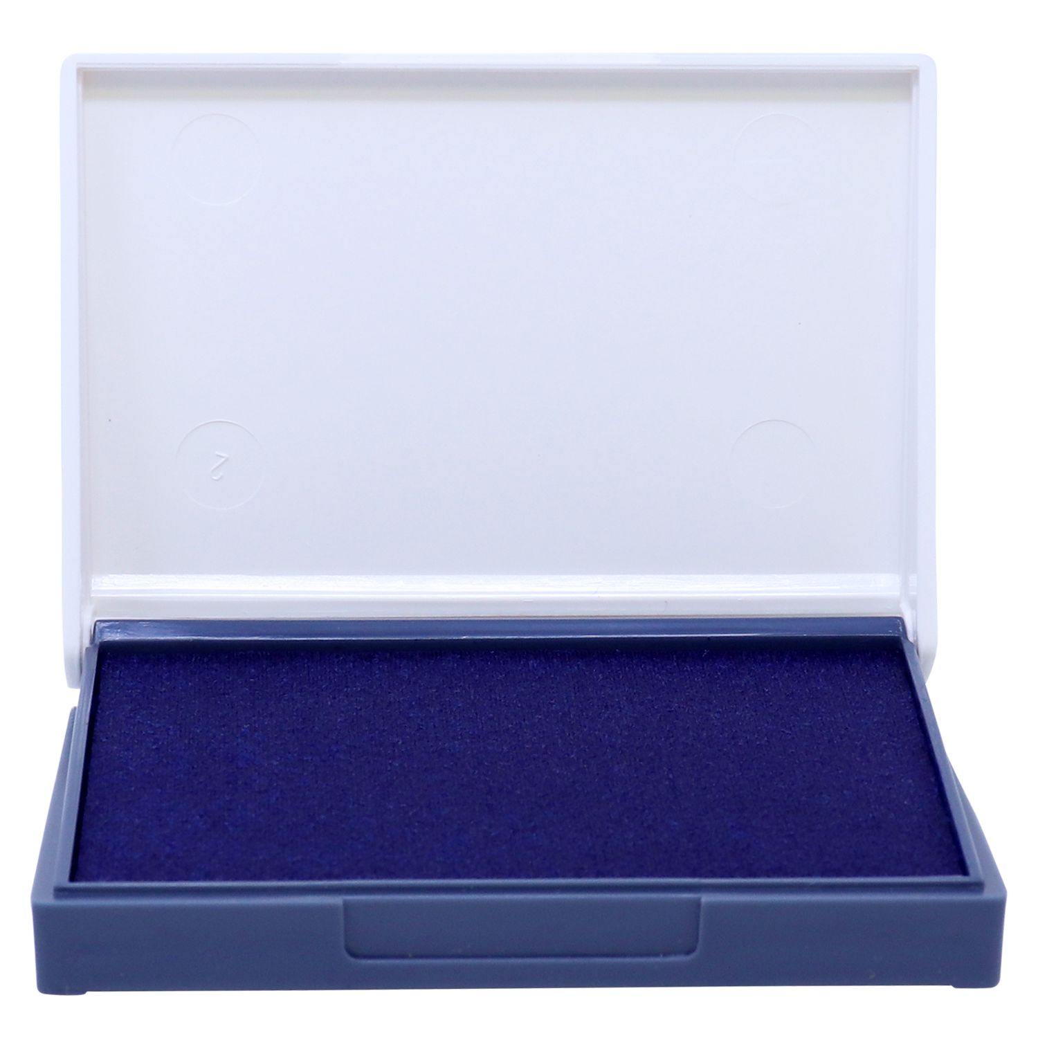 Open Rubber Stamp Ink Pad 0 Size 2-1/4 x 3-1/2 with a blue ink surface and a white lid.