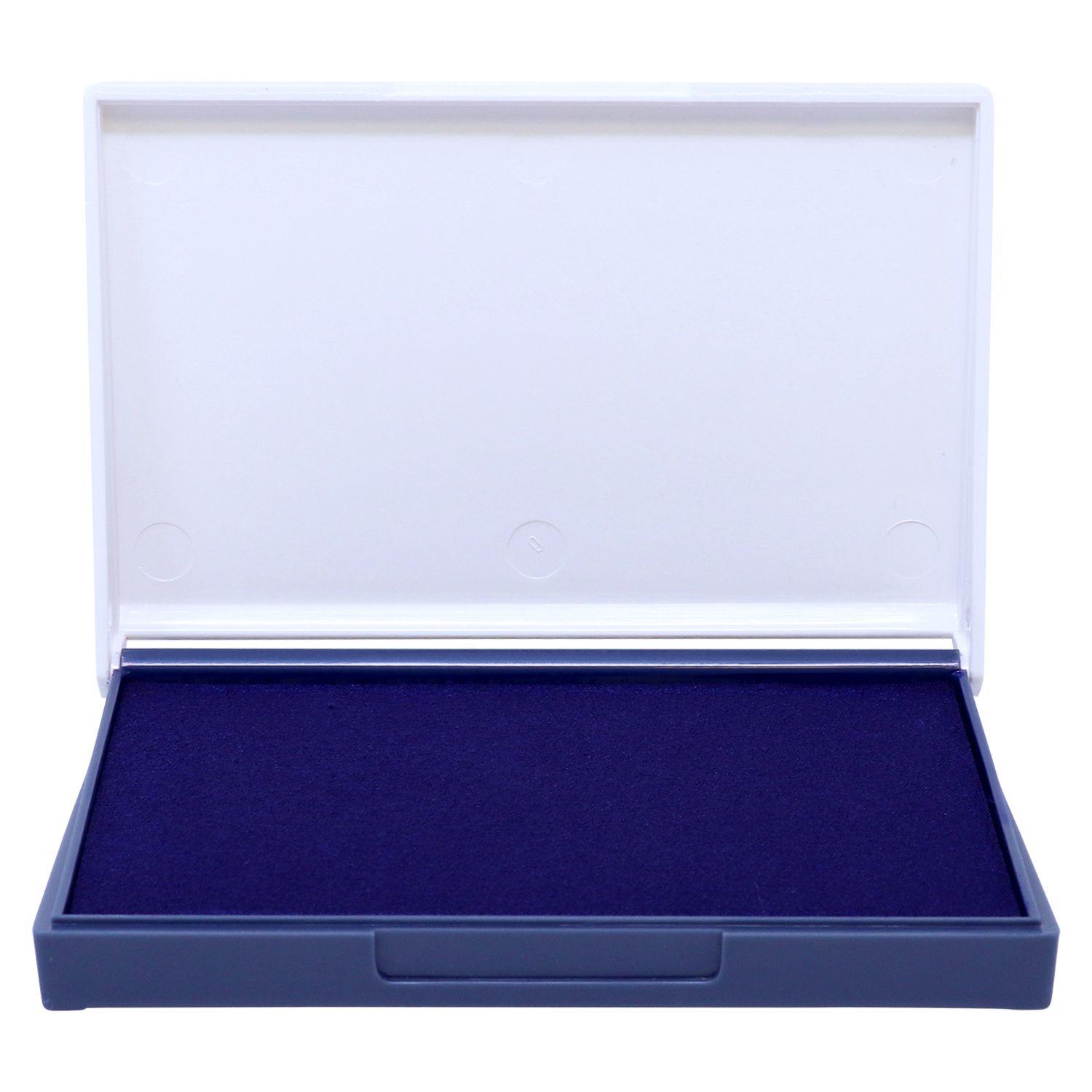 Rubber Stamp Ink Pad 1 Size 2-3/4 x 4-1/4, blue ink, open with a white lid and dark blue base, ready for use.