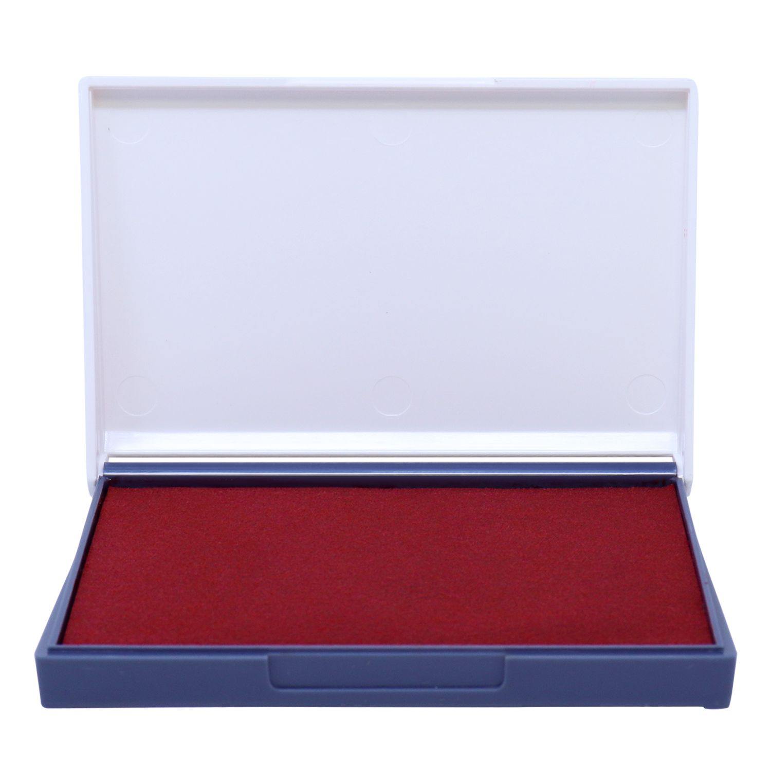 Red Rubber Stamp Ink Pad 1 Size 2-3/4 x 4-1/4 with an open white lid and a blue base.