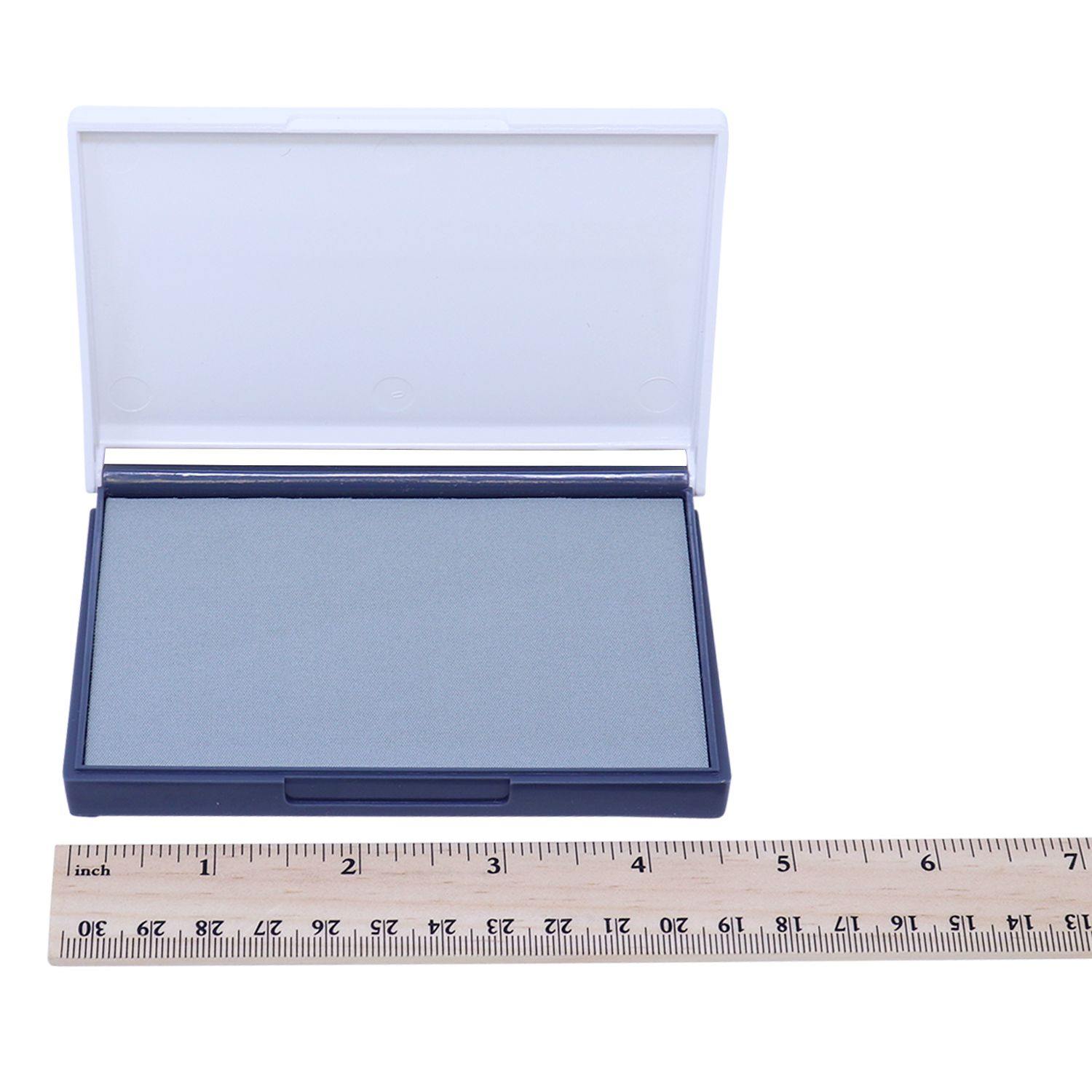 Rubber Stamp Ink Pad 1 Size 2-3/4 x 4-1/4 with a blue ink surface and a clear lid, shown next to a ruler for scale.