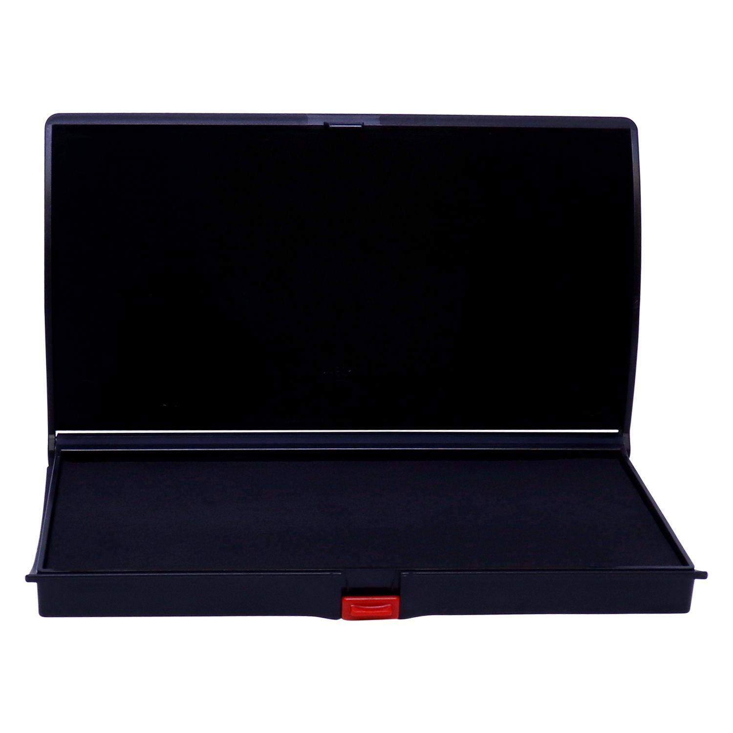 Rubber Stamp Ink Pad 2 Size 3-1/4 x 6-1/4, black, open with a red latch, suitable for stamping needs.