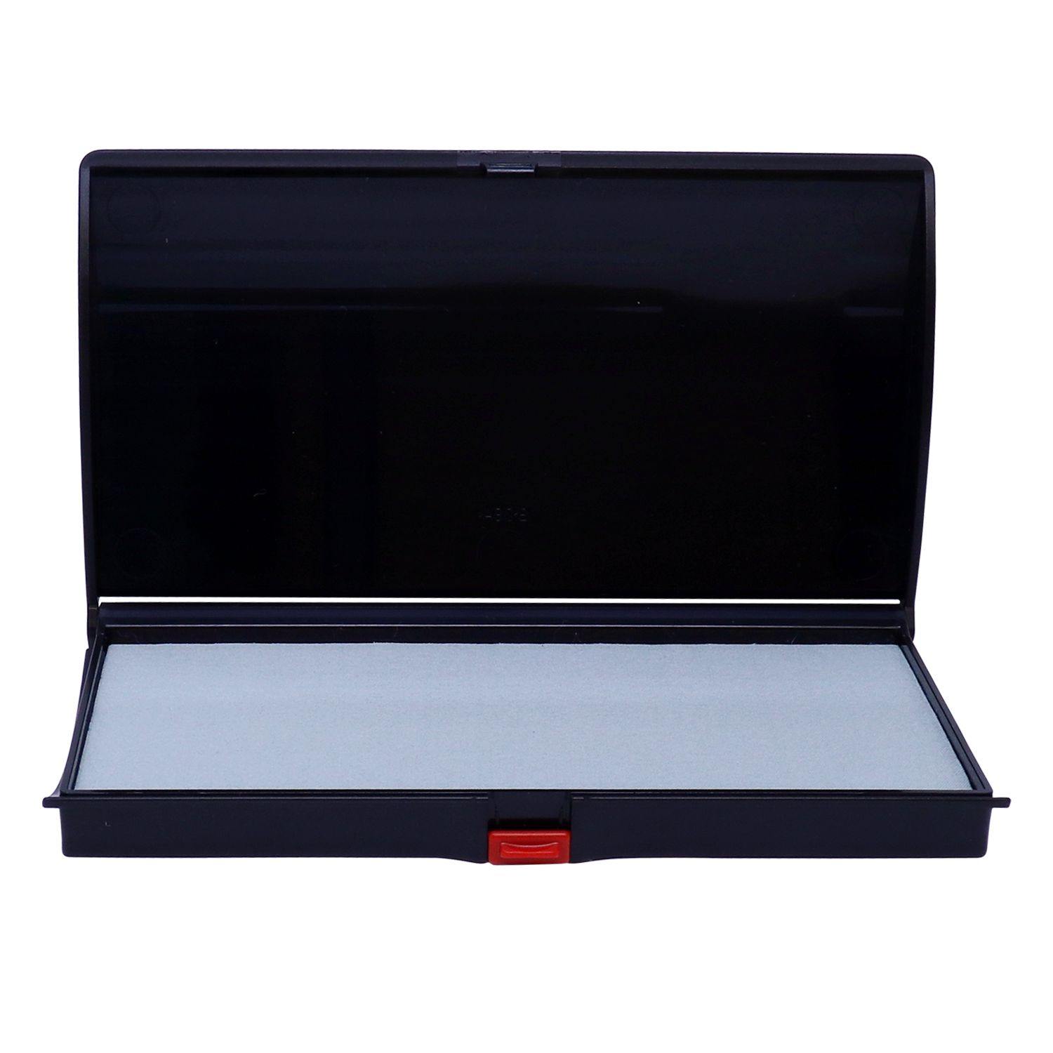 Rubber Stamp Ink Pad 2 Size 3-1/4 x 6-1/4, black plastic case with a red latch, open to reveal a blank ink pad inside.